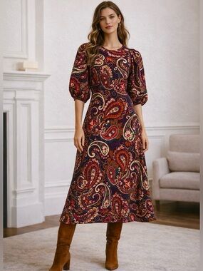 Kachel Paisley Puff Sleeve Midi Dress Anthro Boho Multi XS Petite